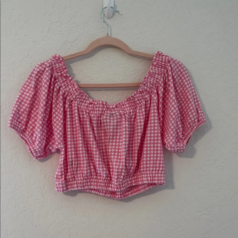 ❤️‍🔥EUC 100% Cotton Chic Pink Checkered Cropped Blouse - Picture 3 of 12